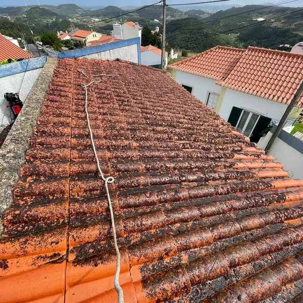 Cobertura em telha cerâmica antes da intervenção — remoção de líquen e musgo, lavagem e tratamento